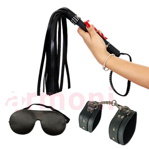 3lü Set, Kırbaç, El Ayak 2li Kelepçe, Kapalı Göz Bandı