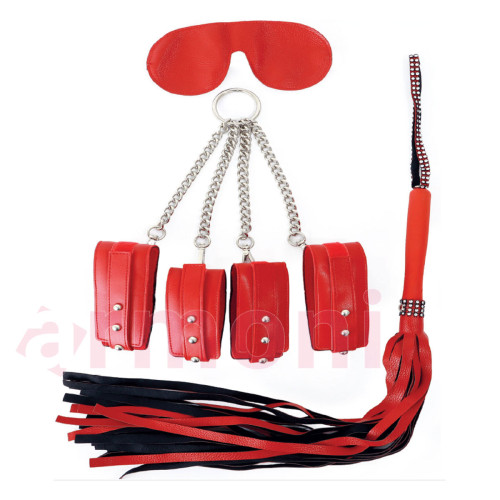 3lü Fetish Set, Çapraz 4lü Kelepçe, Kapalı Göz Bandı, Kırbaç Kırmızı