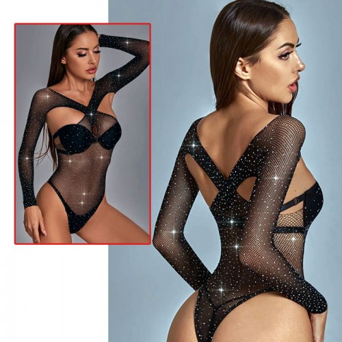 Kollu Parlak Taşlı Seksi Bodydoll Vücut Çorabı