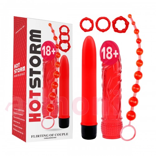 Hot Storm Başlangıç Fantezi Vibratör Seti Anal Boncuk ve Ereksiyon Halkası 17 cm X 4 cm X 2,5 cm